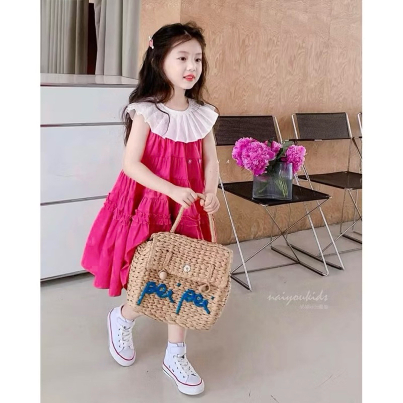 DL47 Váy bé Diệu Linh shop Kids- váy thiết kế chất liệu thô mềm, phối bèo trắng dáng xoè babydoll size 8-32kg