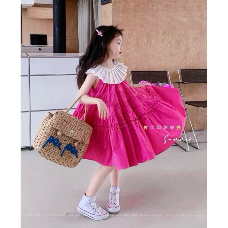 DL47 Váy bé Diệu Linh shop Kids- váy thiết kế chất liệu thô mềm, phối bèo trắng dáng xoè babydoll size 8-32kg