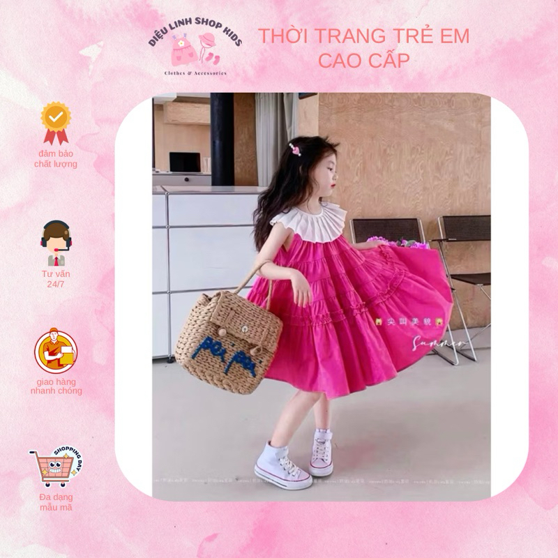 DL47 Váy bé Diệu Linh shop Kids- váy thiết kế chất liệu thô mềm, phối bèo trắng dáng xoè babydoll size 8-32kg