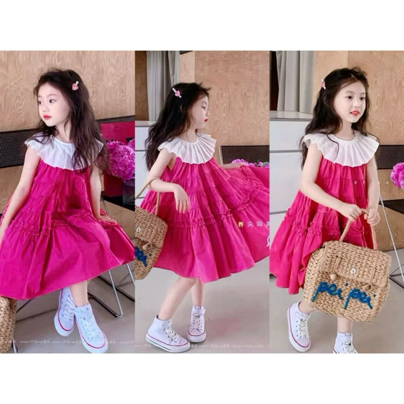 DL47 Váy bé Diệu Linh shop Kids- váy thiết kế chất liệu thô mềm, phối bèo trắng dáng xoè babydoll size 8-32kg