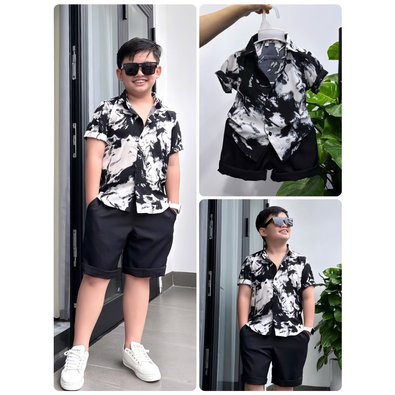 set sơmi hoạ tiết thiết kế cho bé trai 10kg-52kg TONI BRAND phối loang đen trắng