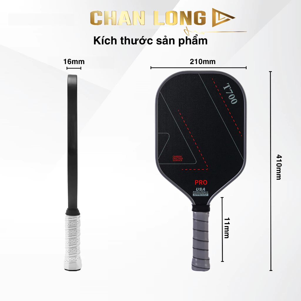 [TẶNG CUỐN CÁN] Vợt Pickleball T700 Pro Chính Hãng CHANLONG Full Carbon 16mm Mặt Nhám Cho Thi Đấu, Luyện Tập, Mới Chơi