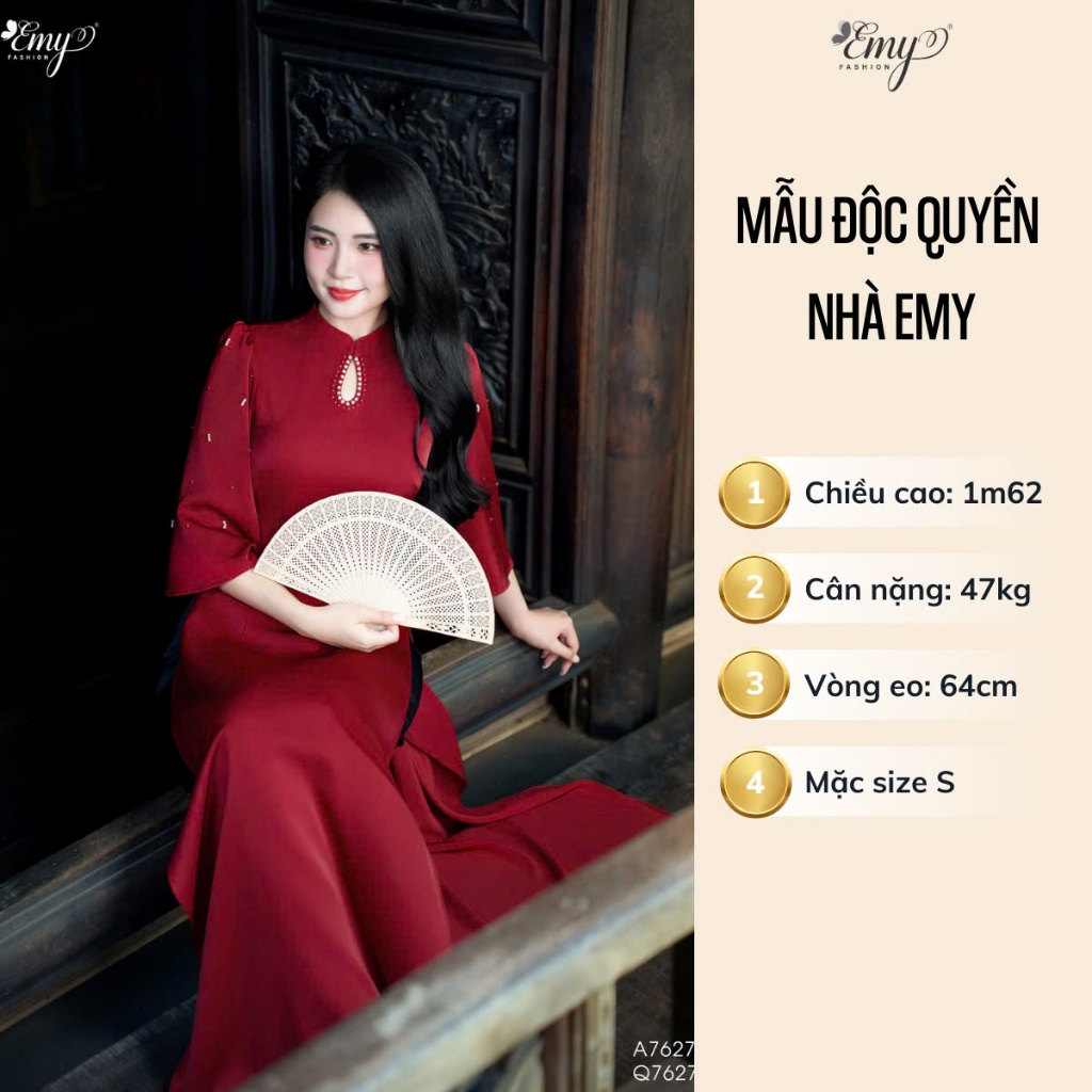 Ảnh Set Áo Dài Thiết Kế EMY Thời Trang Cao Cấp Trung Niên EM7627, Nền Đỏ Vải Lụa Hàn Châu Sang Chảnh 4