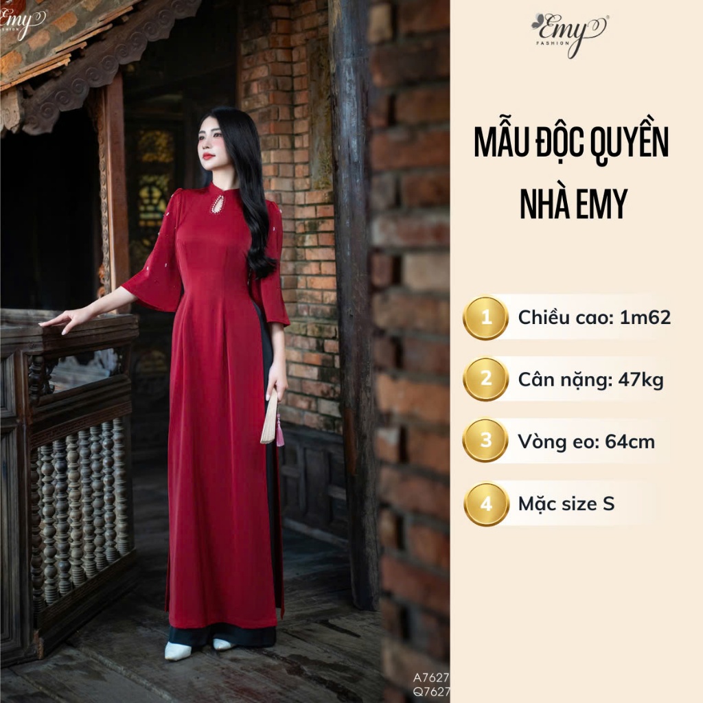 Ảnh Set Áo Dài Thiết Kế EMY Thời Trang Cao Cấp Trung Niên EM7627, Nền Đỏ Vải Lụa Hàn Châu Sang Chảnh 3