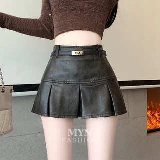Chân Váy Da Xếp Ly Dáng Ngắn Sang Chảnh, Chân Váy Xếp Ly Chất Da Pu Kiểu Y2K Chất Da Mềm Mịn Hàng Da Loại 1