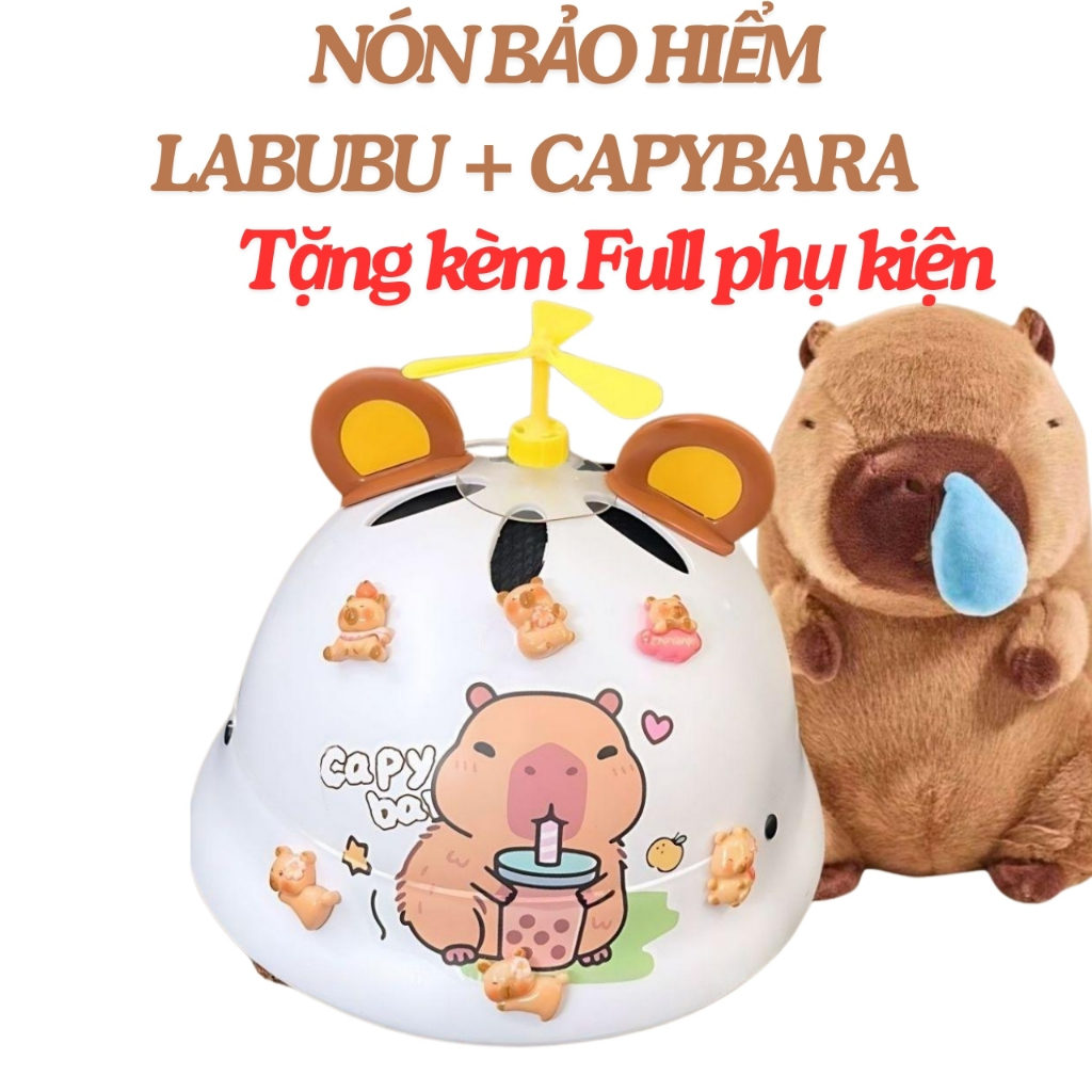 [Tặng kèm 2 tai mèo + Lò xo gắn nón+5 Charm] Nón Bảo Hiểm Labubu Capybara Cho Bé Có Vành Dễ Thương (2 -10 Tuổi)