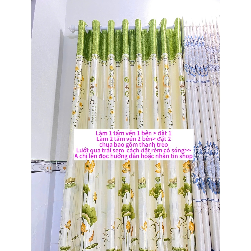 Gấm phi bóng 2 mặt màu xanh lá  bông sen cản nắng  70% thích hợp không gian ít nắng chưa bao gồm thanh treo