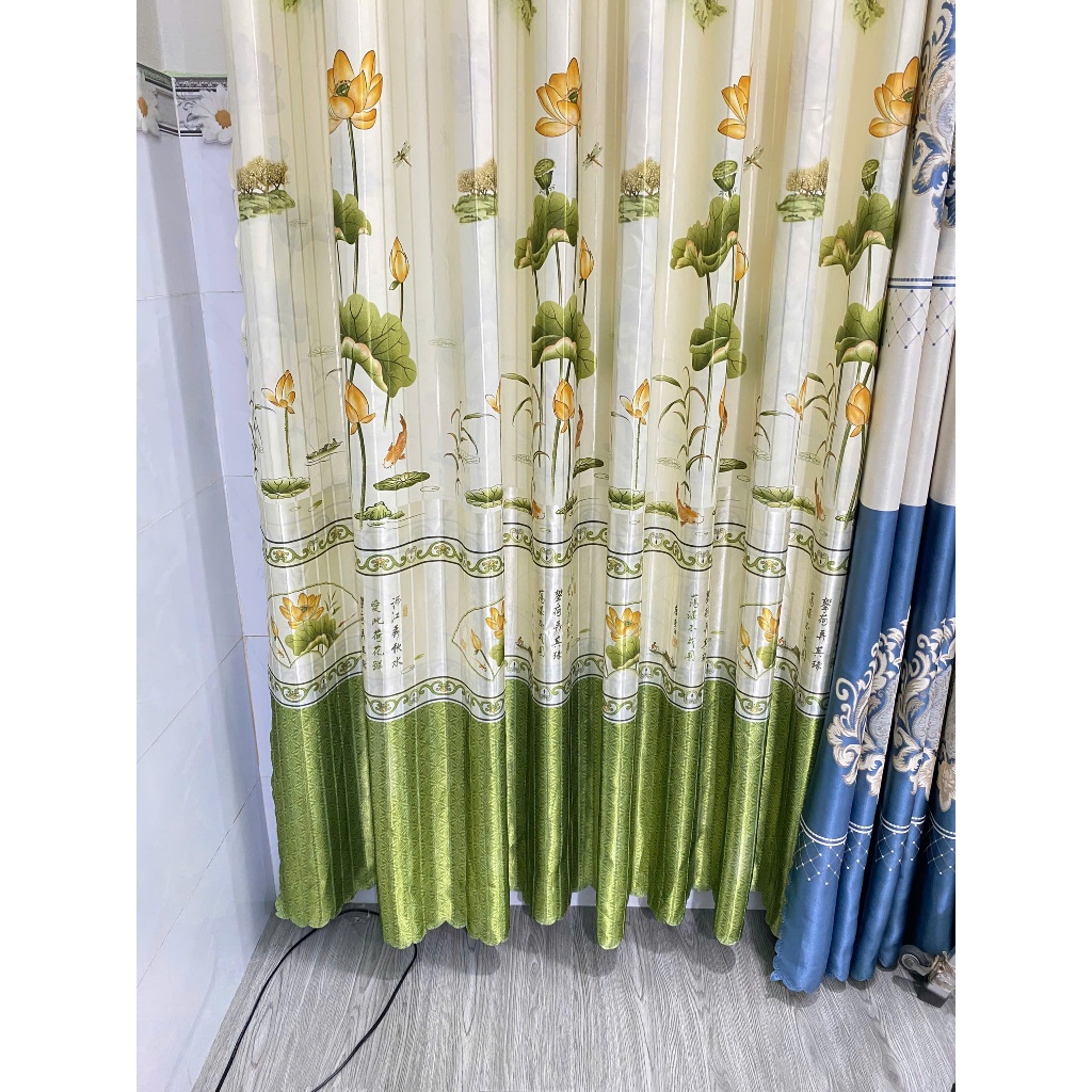 Gấm phi bóng 2 mặt màu xanh lá  bông sen cản nắng  70% thích hợp không gian ít nắng chưa bao gồm thanh treo