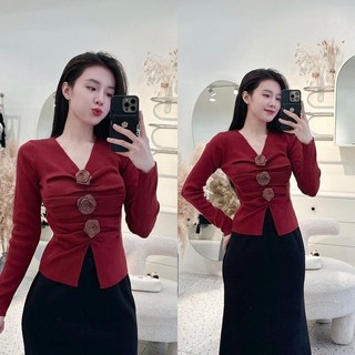 Áo Nữ Len Lông Thỏ Chạy Rót Ngực Phối 3 Bông Hoa Cài Rời Áo Len Dài Tay Freesize