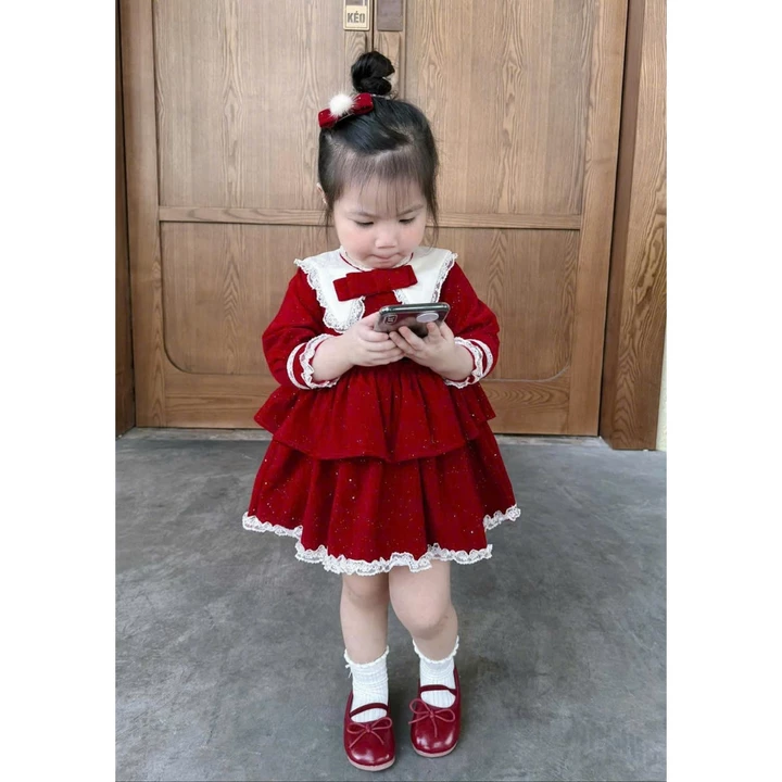 Váy cho bé gái, váy nhung 2 tầng cổ nơ phối ren phong cách tiểu thư cho bé diện noel, tết 2025 cho bé 10-28kg Jumy Kids