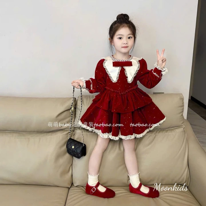 Váy cho bé gái, váy nhung 2 tầng cổ nơ phối ren phong cách tiểu thư cho bé diện noel, tết 2025 cho bé 10-28kg Jumy Kids