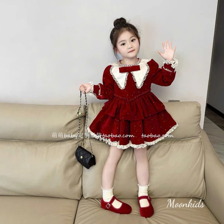 Váy cho bé gái, váy nhung 2 tầng cổ nơ phối ren phong cách tiểu thư cho bé diện noel, tết 2025 cho bé 10-28kg Jumy Kids