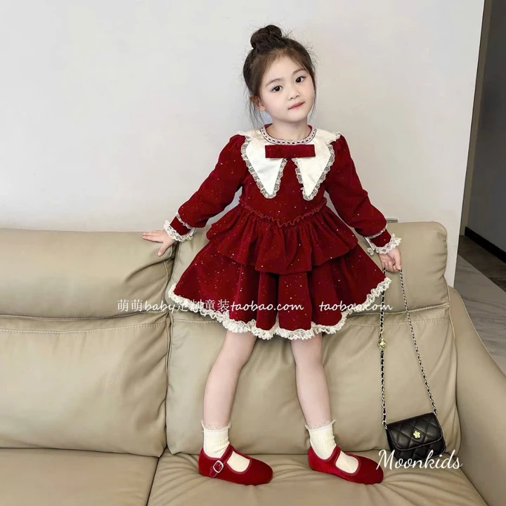 Váy cho bé gái, váy nhung 2 tầng cổ nơ phối ren phong cách tiểu thư cho bé diện noel, tết 2025 cho bé 10-28kg Jumy Kids