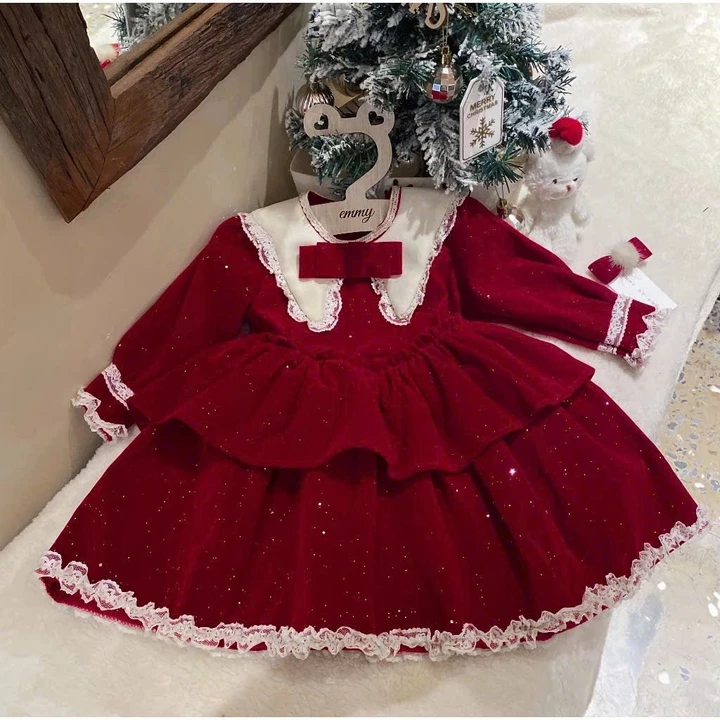 Váy cho bé gái, váy nhung 2 tầng cổ nơ phối ren phong cách tiểu thư cho bé diện noel, tết 2025 cho bé 10-28kg Jumy Kids