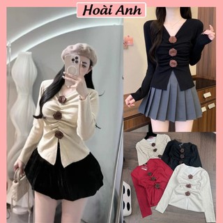 Áo Nữ Len Lông Thỏ Chạy Rót Ngực Phối 3 Bông Hoa Cài Rời Áo Len Dài Tay Freesize