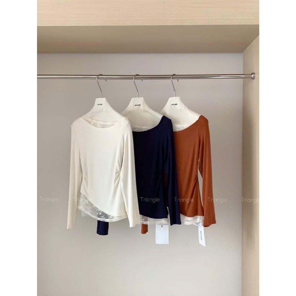 Triangle - Mature long sleeved Shirt (Cân nhắc kỹ, return is not welcomed)- Áo thun vai nghiêng phối ren dài tay