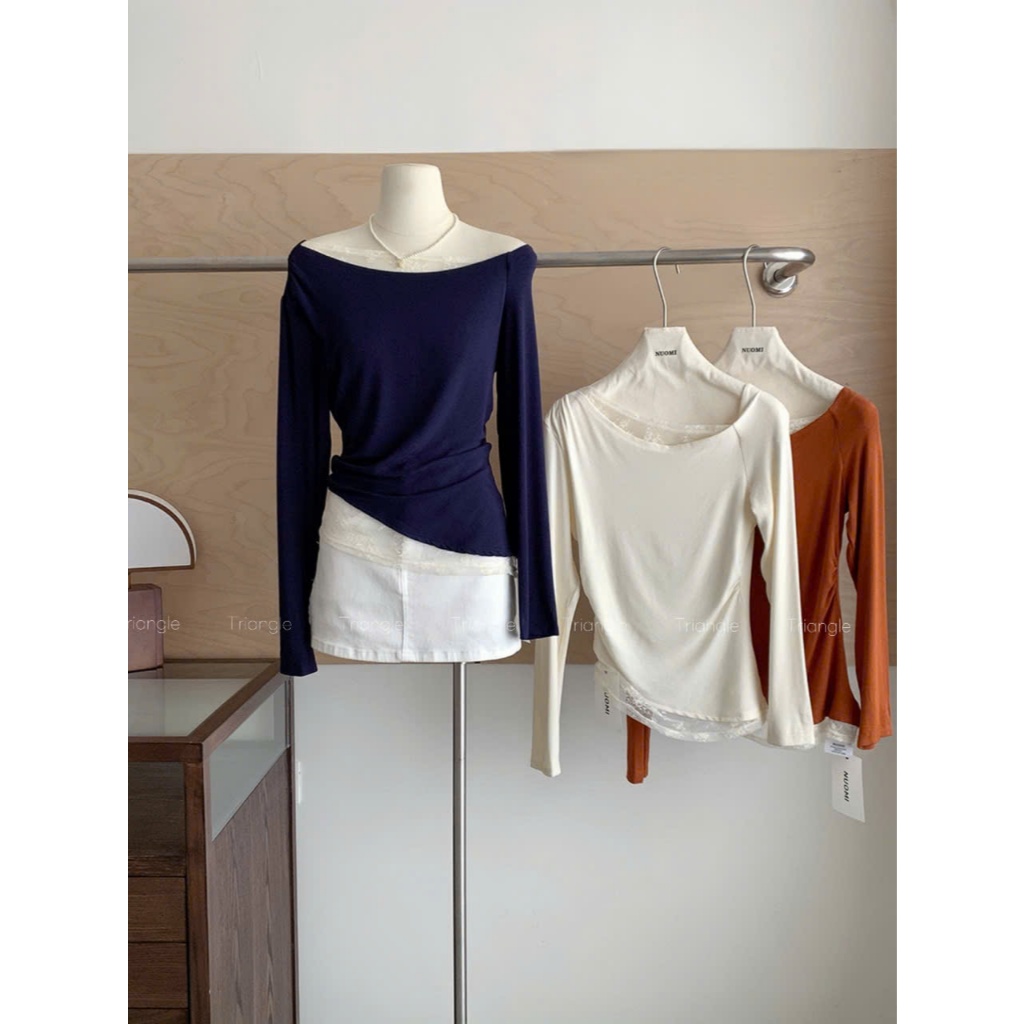 Triangle - Mature long sleeved Shirt (Cân nhắc kỹ, return is not welcomed)- Áo thun vai nghiêng phối ren dài tay