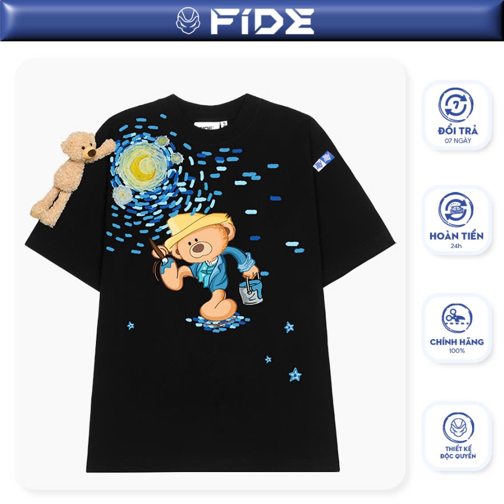 Ảnh Áo thun FIDE TEEDY phông cotton unisex nam nữ form rộng cổ tròn áo đính gấu - AT35(TẶNG KÈM GẤU) 1
