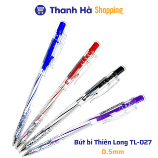 Bút bi Thiên Long TL-027 mực xanh, đen, đỏ ngòi 0.5mm dạng bấm cò, dành cho học sinh, văn phòng