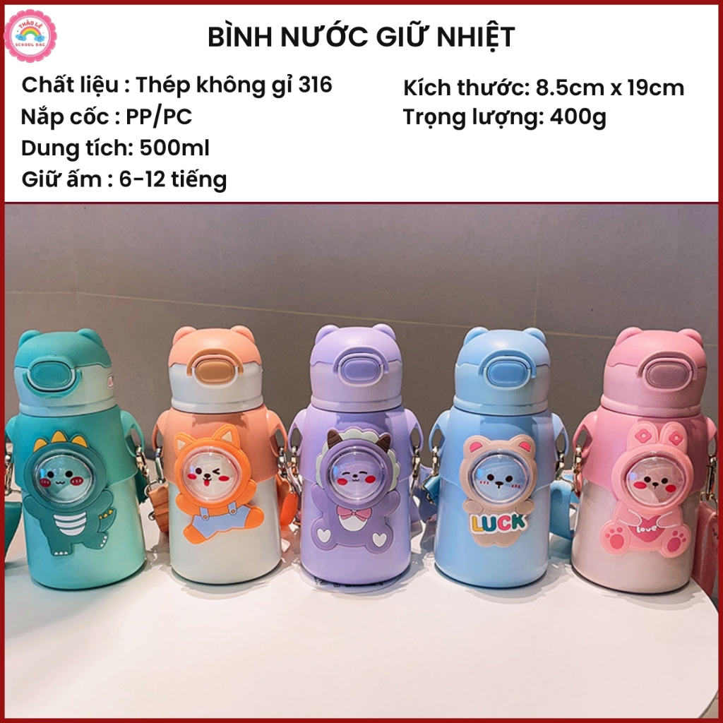 Bình giữ nhiệt cho bé đi học INOX 316 500ML bình nước trẻ em siêu dễ thương cute có dây đeo, có quà tặng kèm TL2322
