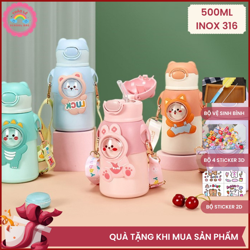 Bình giữ nhiệt cho bé đi học INOX 316 500ML bình nước trẻ em siêu dễ thương cute có dây đeo, có quà tặng kèm TL2322