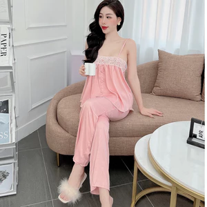 Đồ bộ ngủ nữ quần dài mặc nhà vải lụa xước freesize 54kg - CN96_163_12_18_Sale