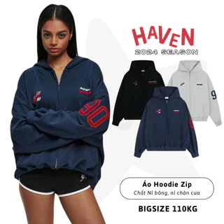 Áo Khoác Hoodie Zip boxy bigsize Haven Studio nam nữ rộng chất nỉ cua thêu màu đen xám xanh đen