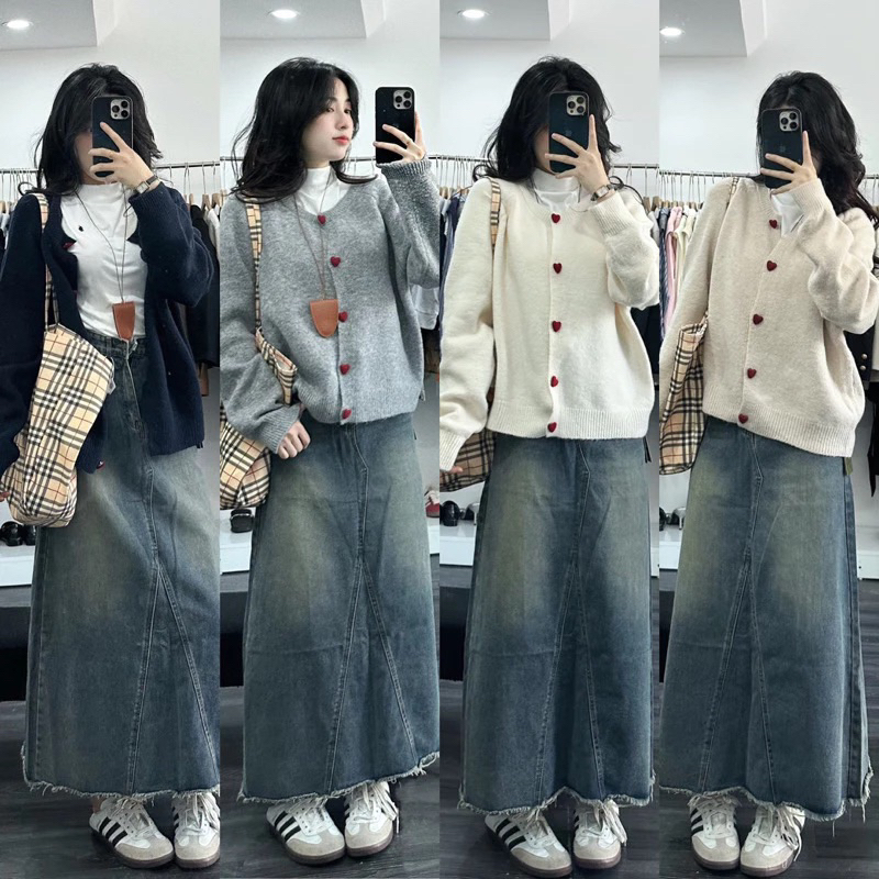 Áo len Cardigan cúc tim hàng QC phong cách hàn quốc