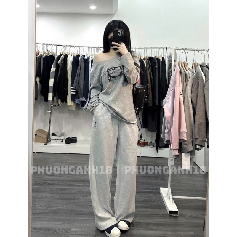 Quần nỉ suông thêu logo gấu phong cách Hàn Quốc quần dài 100cm