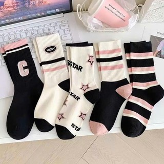Set 5 Đôi Tất Nữ Cotton Cao Cổ Hoạ Tiết Chữ LUcky STar Kẻ Hồng Đen Năng Động tt61