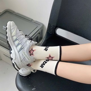 Set 5 Đôi Tất Nữ Cotton Cao Cổ Hoạ Tiết Chữ LUcky STar Kẻ Hồng Đen Năng Động tt61