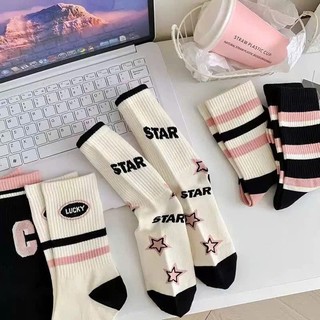 Set 5 Đôi Tất Nữ Cotton Cao Cổ Hoạ Tiết Chữ LUcky STar Kẻ Hồng Đen Năng Động tt61
