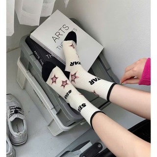 Set 5 Đôi Tất Nữ Cotton Cao Cổ Hoạ Tiết Chữ LUcky STar Kẻ Hồng Đen Năng Động tt61