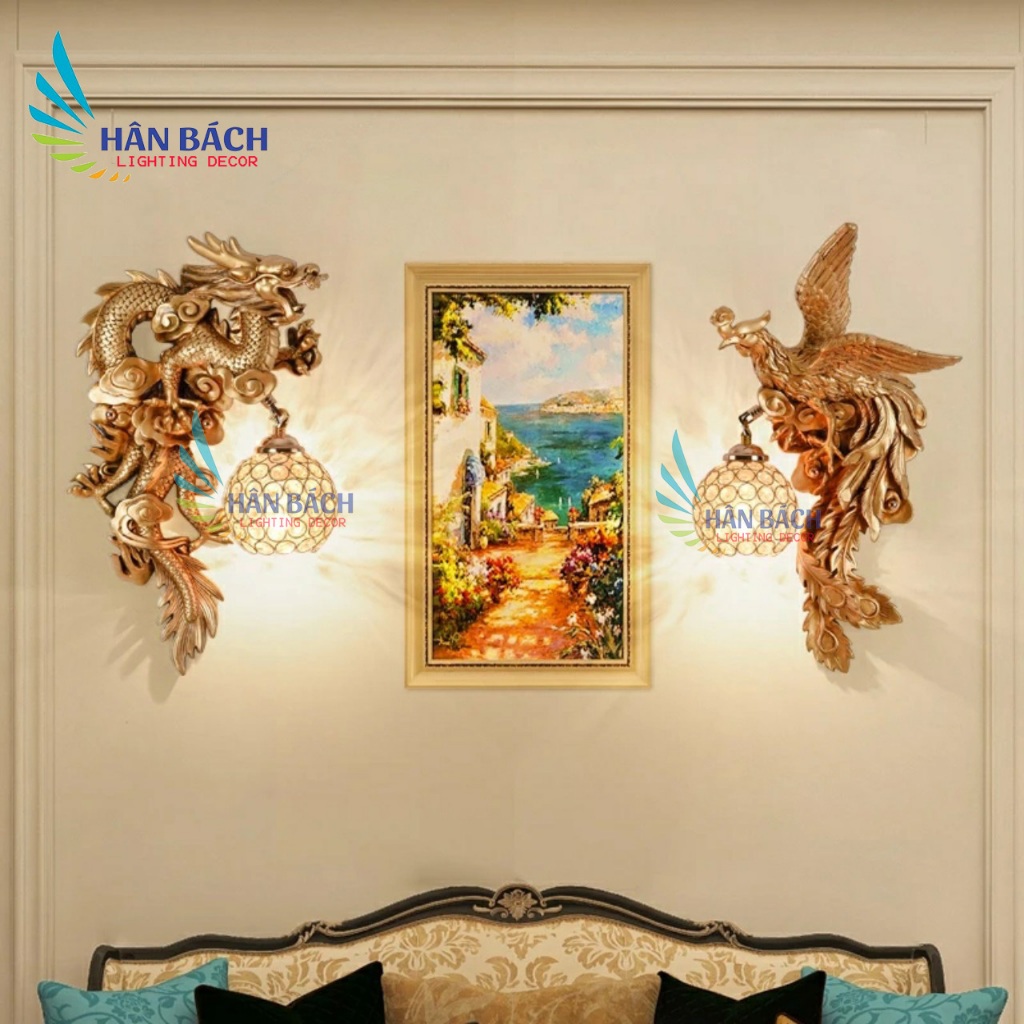 Bộ đèn led gắn tường hình con Rồng Phượng pha lê trang trí treo tường ...