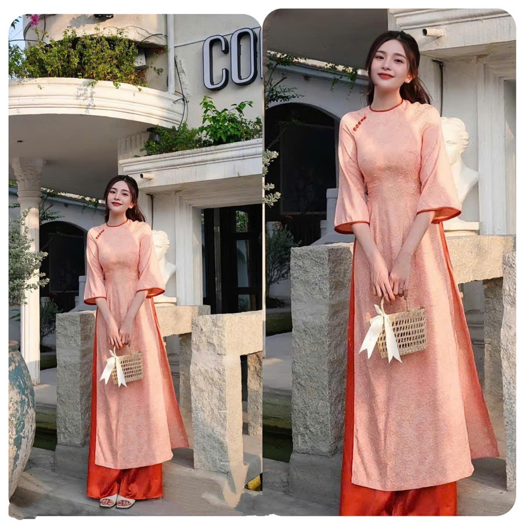 Mã E2 áo dài cách tân phom ôm màu cam đào | Shopee Việt Nam
