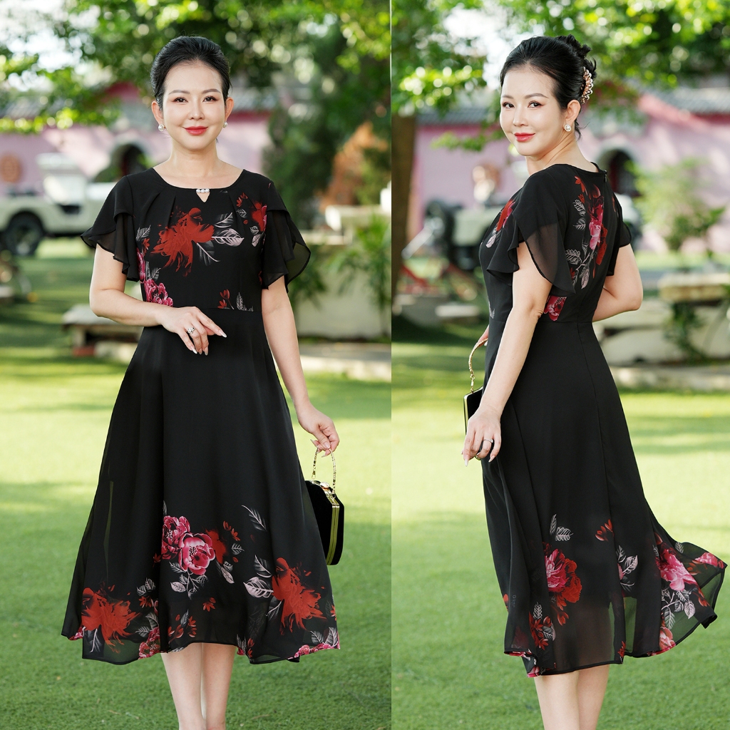 Ảnh GOTI - Đầm Xòe Dáng Dài Quý Bà Kiều Đầm Xòe Trung Niên Size Lớn In Hoa Có Size Cho Người Mập 3339 3254 2