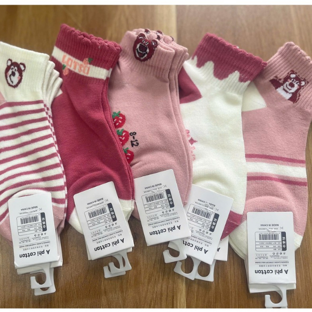 Set 5 Đôi Tất Vớ Nữ Họa Tiết Gấu Hồng Cổ Bèo Dễ Thương Chất Cotton cho bé từ 8-12 tuổi