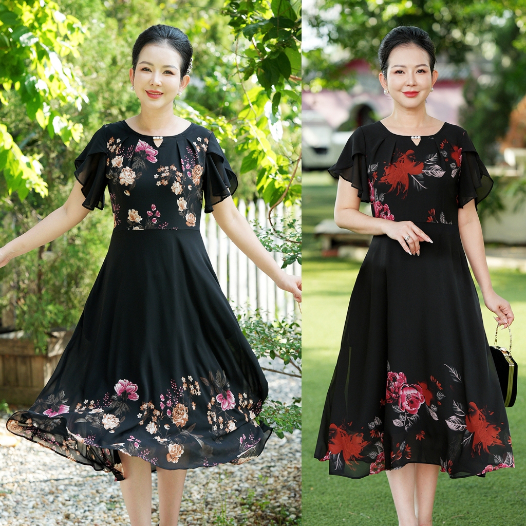 Ảnh GOTI - Đầm Xòe Dáng Dài Quý Bà Kiều Đầm Xòe Trung Niên Size Lớn In Hoa Có Size Cho Người Mập 3339 3254 1