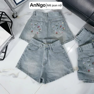 Quần short jean nữ lưng cao chất denim không co giãn thêu hoa túi sau Anngo - AT494