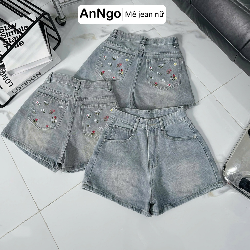 Quần short jean nữ lưng cao chất denim không co giãn thêu hoa túi sau Anngo - AT494