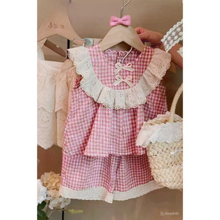 [B&G] Sét bộ hồng bé gái quần dài kẻ caro chất cotton 100% cho bé gái từ 10-40kg