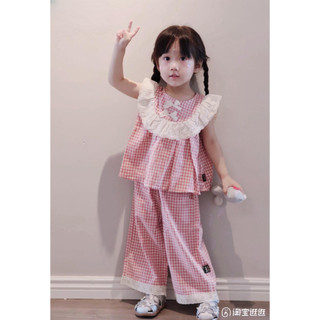 [B&G] Sét bộ hồng bé gái quần dài kẻ caro chất cotton 100% cho bé gái từ 10-40kg
