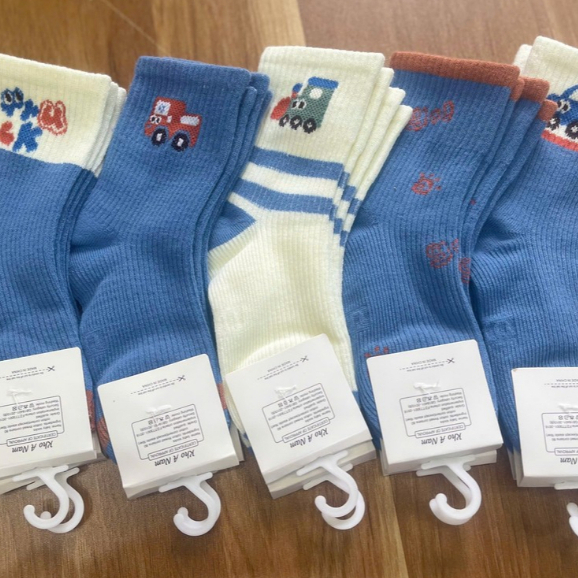 Set 5 Tất Cotton Cổ Cao Cho Bé Trai Tone Xanh Phối Họa Tiết ô Tô Dễ Thương