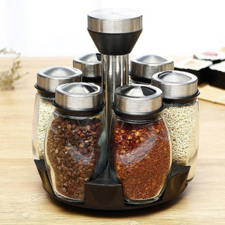 Bộ 6 Lọ Đựng Gia Vị Thủy Tinh Có Roong Cao Su Bảo Vệ Gia Vị Khỏi Ẩm Mốc Có Kèm Giá Để Xoay 360 Độ (hàng tốt)