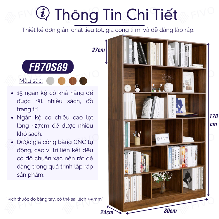 Ảnh Kệ Sách Để Sàn FIVO FB70, Tấm Lưng Dày Dặn, Lắp Ráp Dễ Dàng, Chất Liệu Gỗ MDF Cao Cấp (80x24x178cm) 2