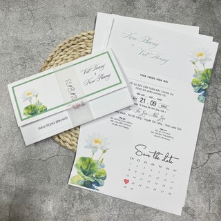 NN.45 Thiệp Cưới VINTAGE Lotus, Thiệp Cưới Hoa Sen Trắng Xanh.