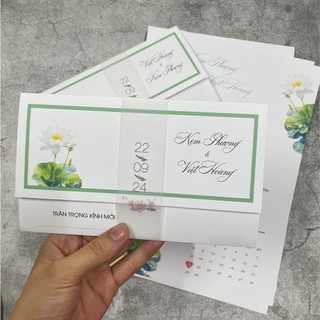 NN.45 Thiệp Cưới VINTAGE Lotus, Thiệp Cưới Hoa Sen Trắng Xanh.