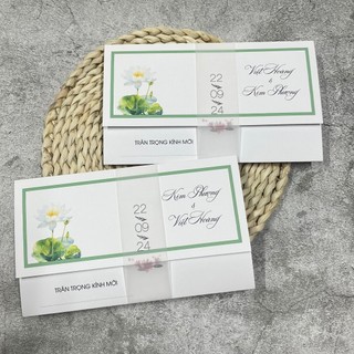 NN.45 Thiệp Cưới VINTAGE Lotus, Thiệp Cưới Hoa Sen Trắng Xanh.
