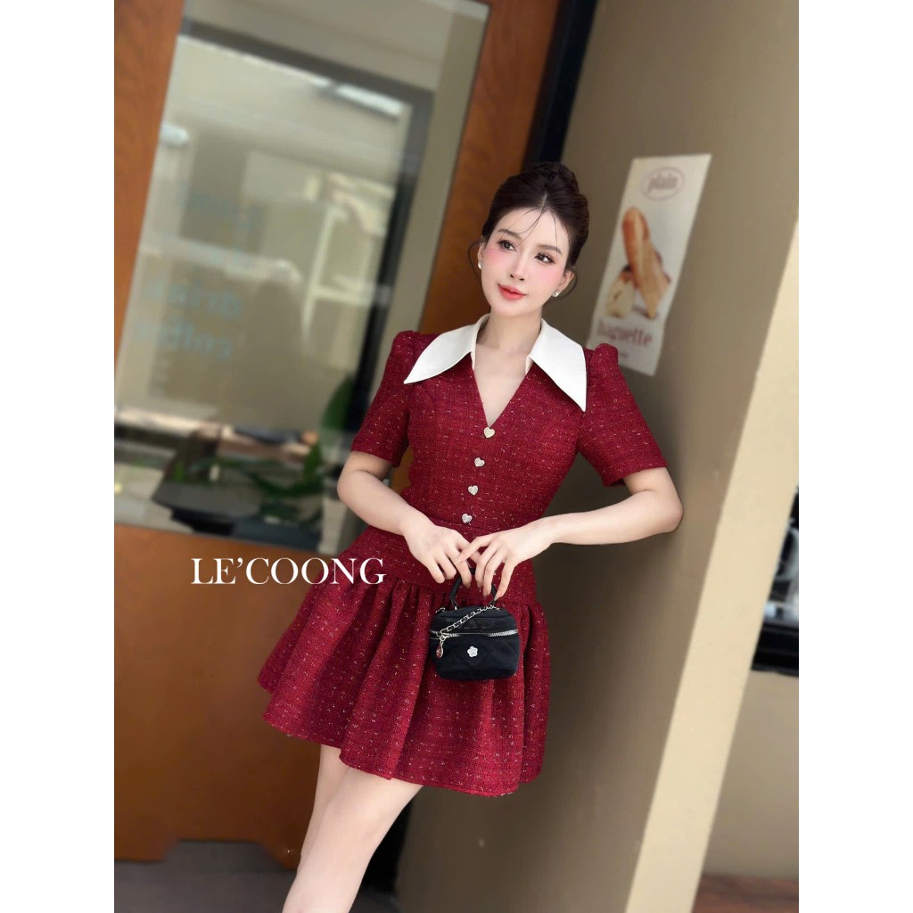 Ảnh Váy Tiểu Thư Dáng Ngắn Cổ V LECOONG V682  Đầm Đẹp Xòe Bồng Màu Đỏ Đen Xanh 3