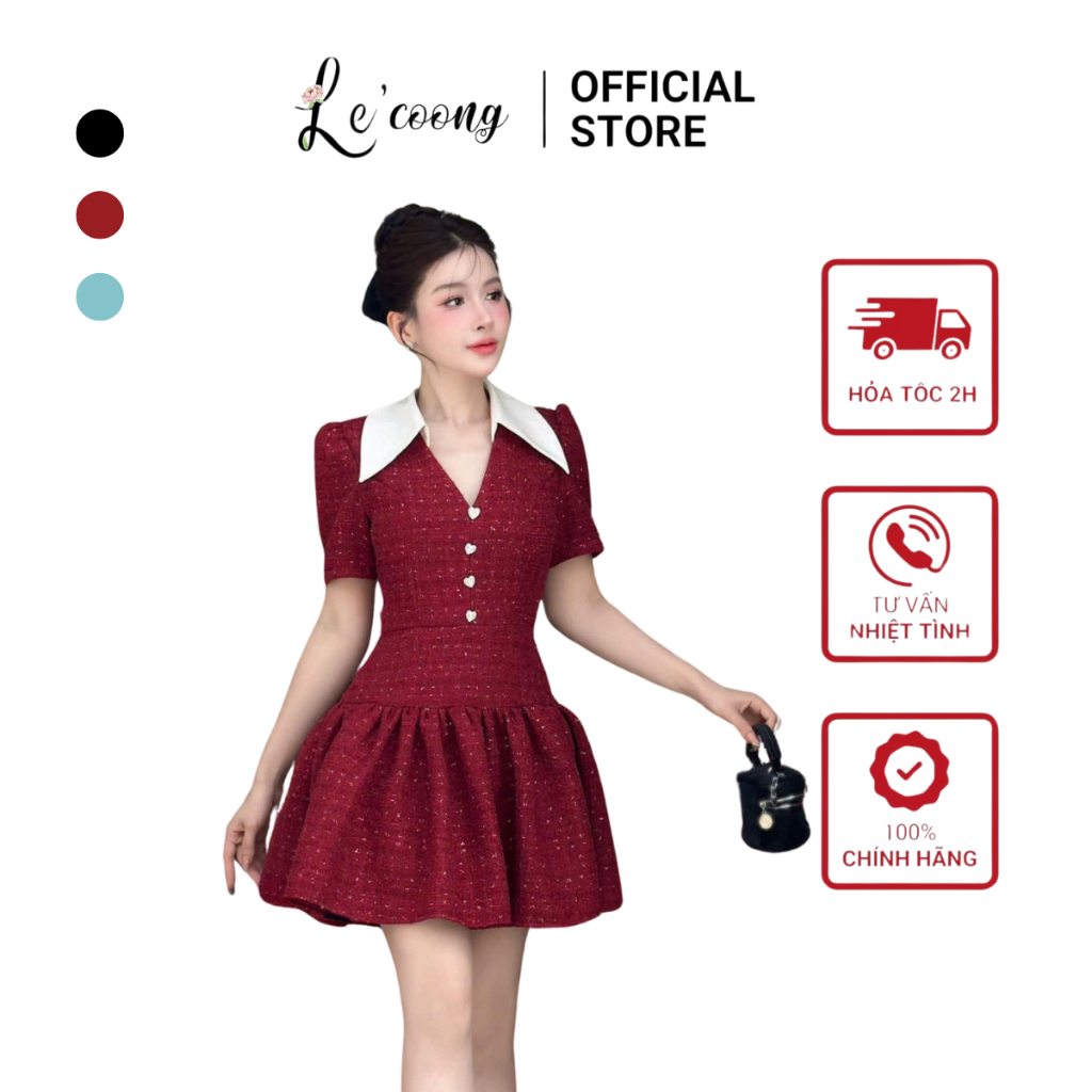 Ảnh Váy Tiểu Thư Dáng Ngắn Cổ V LECOONG V682  Đầm Đẹp Xòe Bồng Màu Đỏ Đen Xanh 1